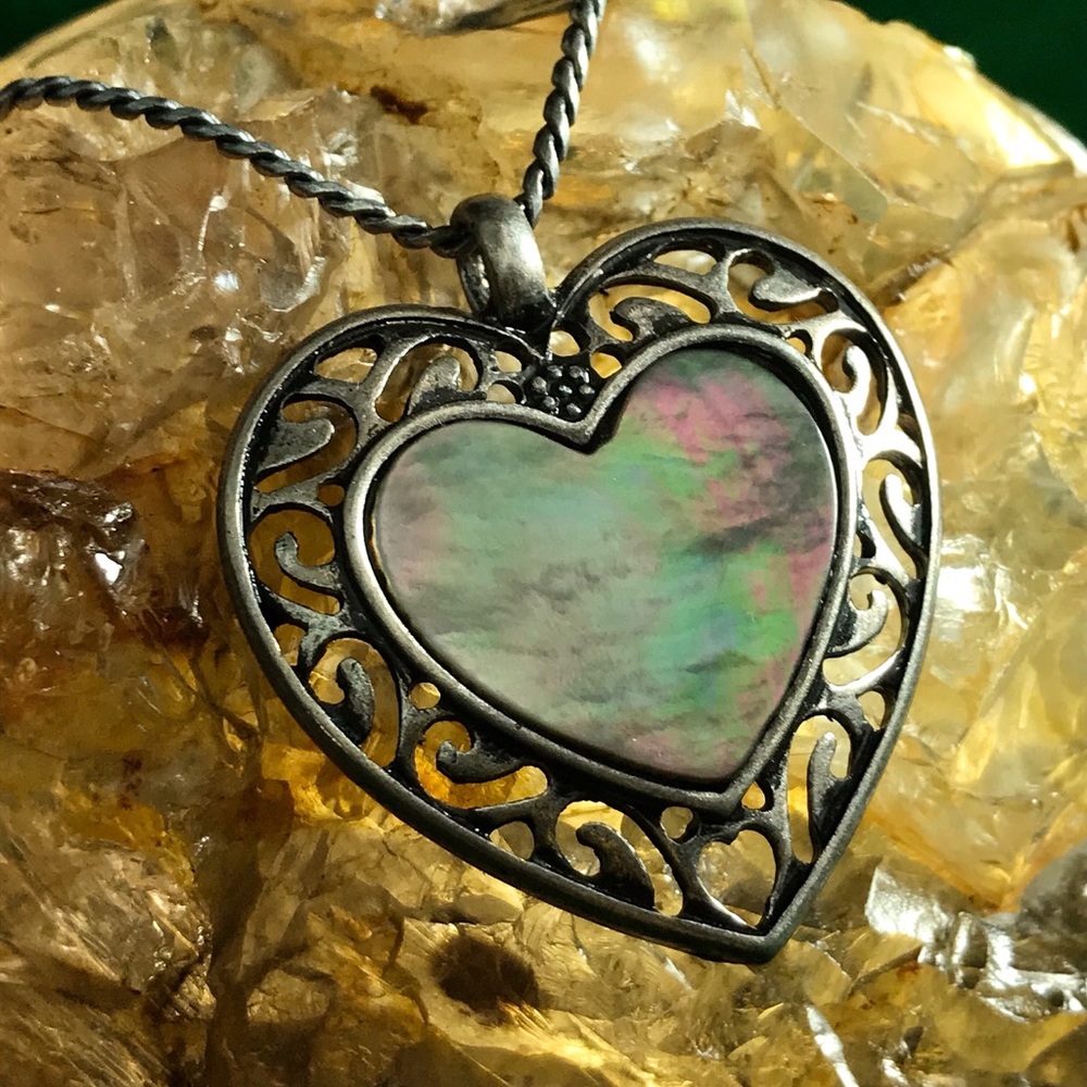 MOP Abalone Silver 1 1/4” Heart Cutout Necklace,